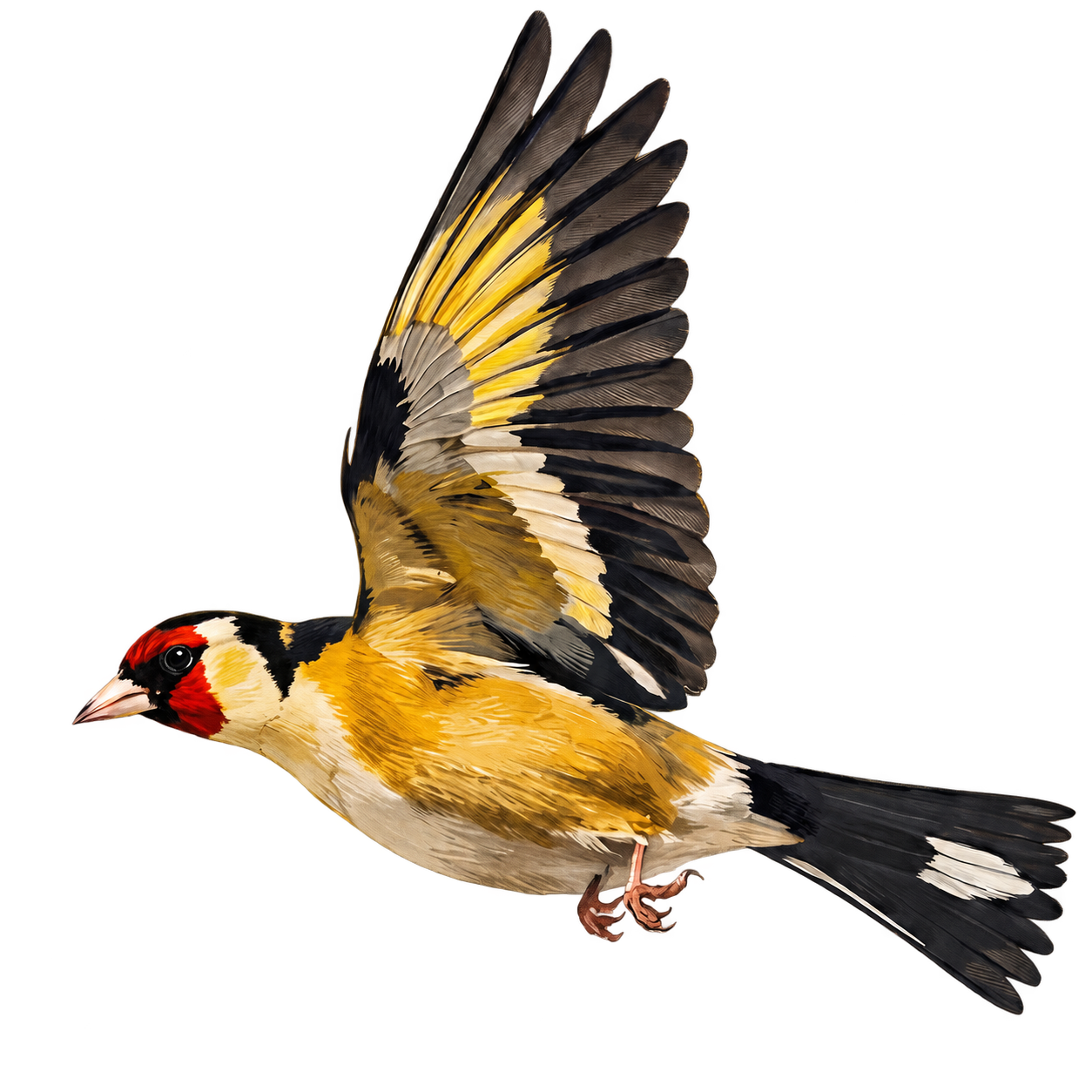 Geïllustreerde distelvink, de Goldfinch-vogel, in volle vlucht